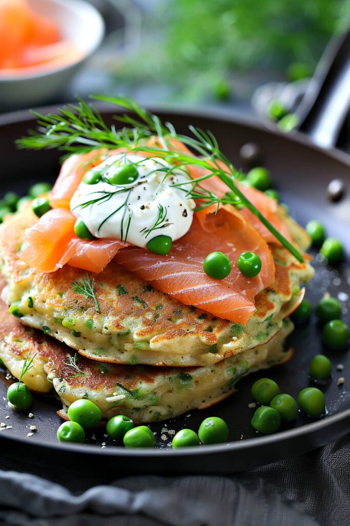 Savory Pea Pancakes with Smoked Salmon - pea recipes